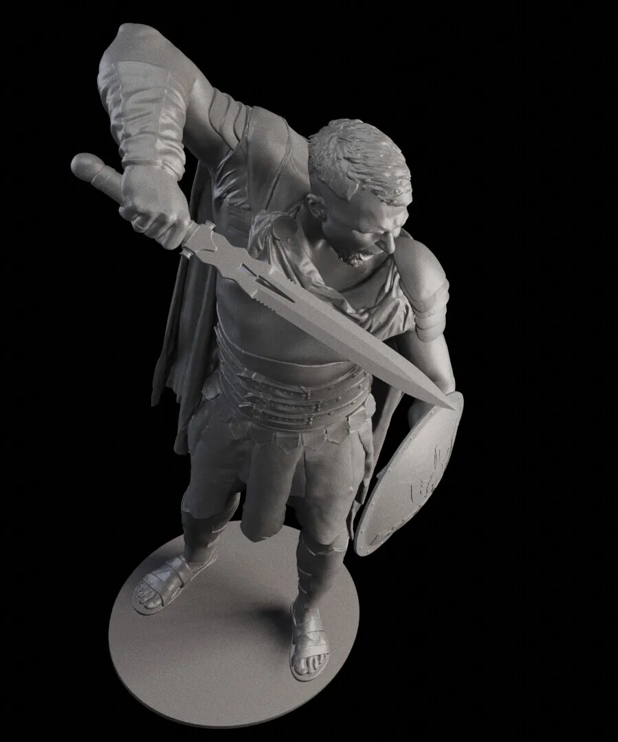 Cyfrowy model gladiatora Heros widziany z góry podczas przygotowania geometrii i podziału do produkcji 3D w Monkeyfab.
